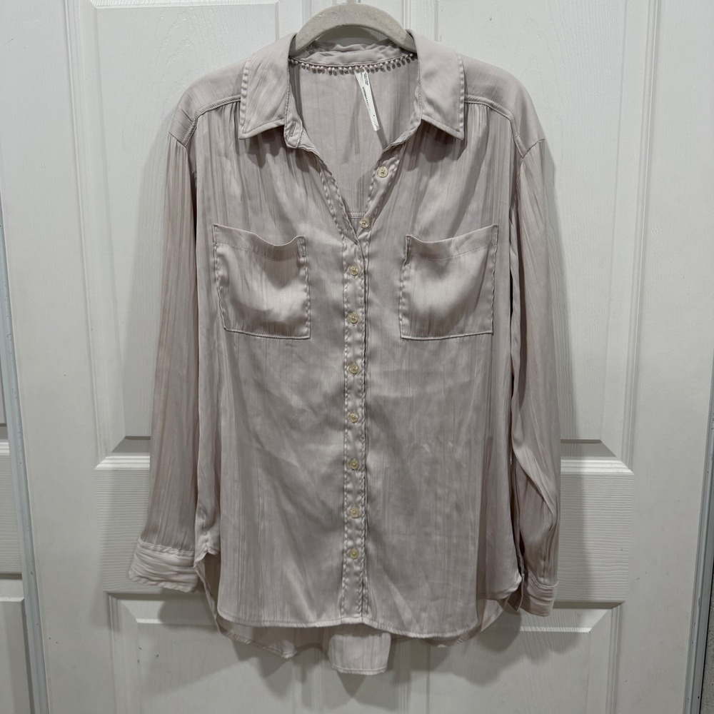 Anthropologie Button Down Shirt Beige Pom Pom Trim Textured Blouse Small